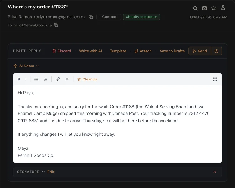 A customer email about a late order, with the drafted reply open above it giving the order contents, the carrier and the tracking number.