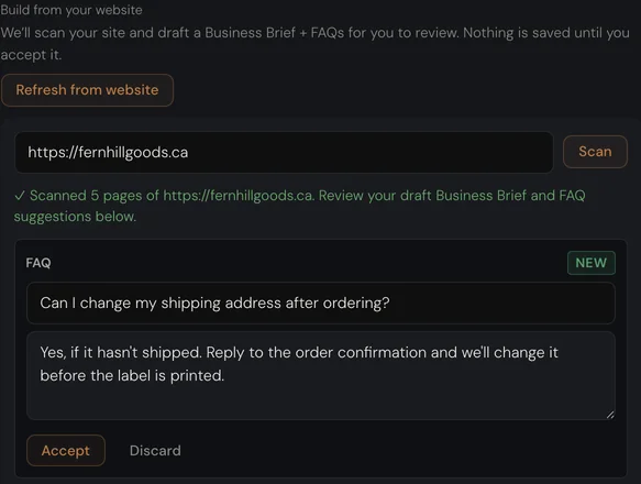 The website scan: five pages of fernhillgoods.ca scanned, with two draft FAQs proposed for review, each with an Accept and a Discard button.
