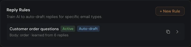 A reply rule named Customer order questions, marked Active and Auto-draft, learned from 6 replies.